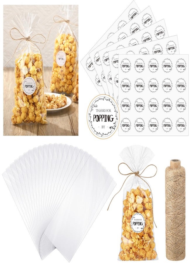 Chivertion 100 Sets Clear Popcorn Favor Bags Baby Shower Thank You Tags Natural Twine 4.9 x 10.8'' Clear Goodie Bag Favor Sticker 328 ft Packing String for Crafts Gift(Bright Style) - Image 1